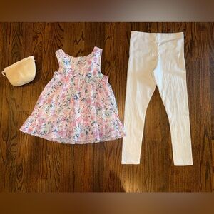 Girls floral swing top cream leggings 3-piece set purse outfit size 7 buttons